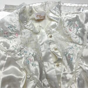 Vintage 80s Elise Stevens Women's White Satin Nightgown Full Length Lace
